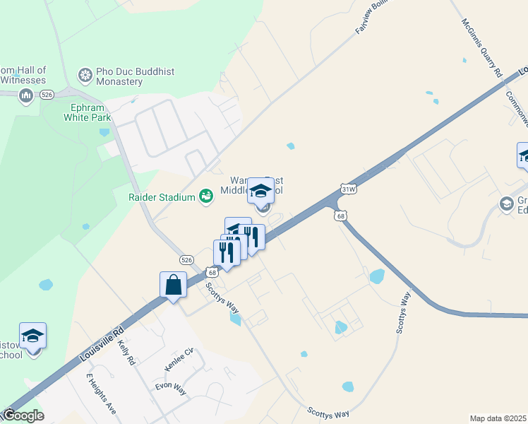 map of restaurants, bars, coffee shops, grocery stores, and more near 7031 Louisville Road in Bowling Green