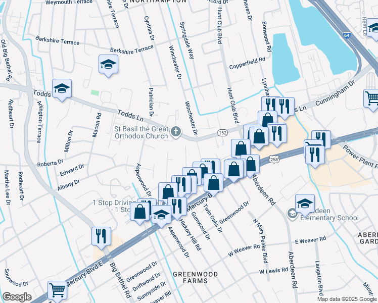 map of restaurants, bars, coffee shops, grocery stores, and more near 2777 Butternut Drive in Hampton