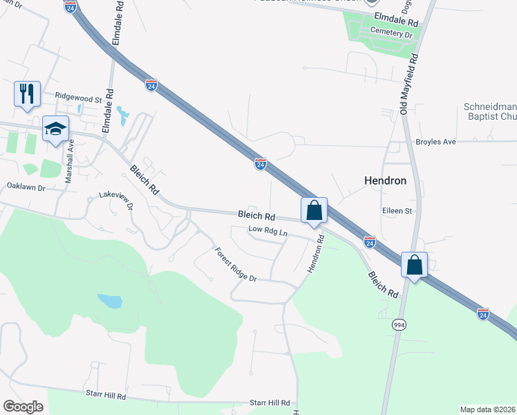 map of restaurants, bars, coffee shops, grocery stores, and more near 100-198 Ridge Road in Paducah