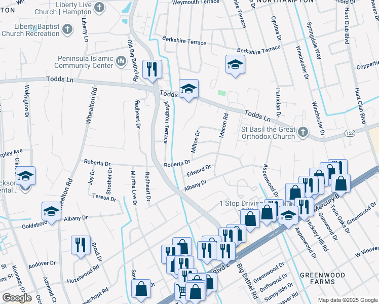 map of restaurants, bars, coffee shops, grocery stores, and more near 703 Milton Drive in Hampton