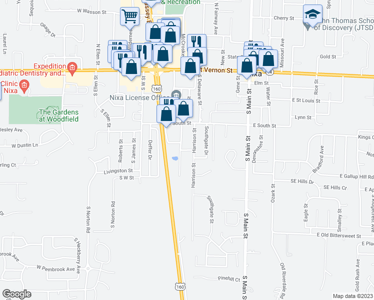 map of restaurants, bars, coffee shops, grocery stores, and more near 301 Art Hill Street in Nixa