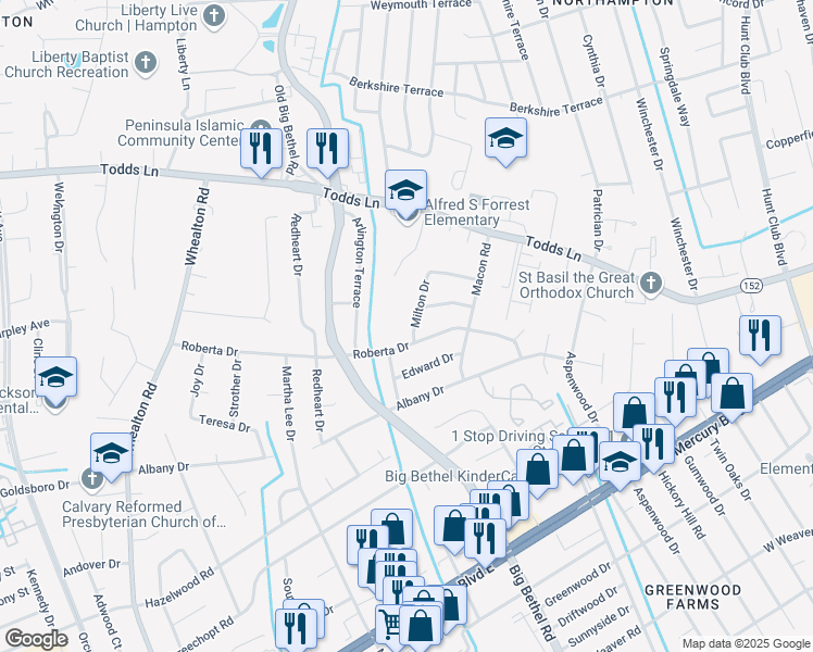 map of restaurants, bars, coffee shops, grocery stores, and more near 703 Milton Drive in Hampton