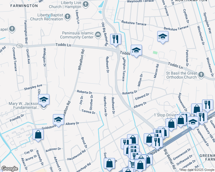 map of restaurants, bars, coffee shops, grocery stores, and more near 803 Redheart Drive in Hampton