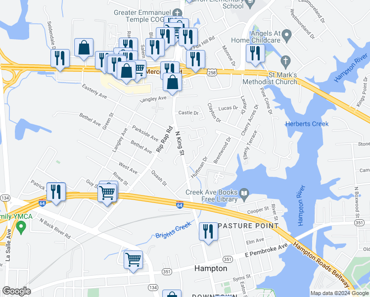 map of restaurants, bars, coffee shops, grocery stores, and more near 962 North King Street in Hampton