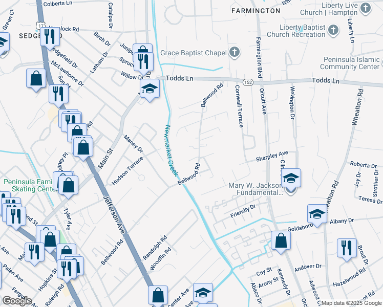 map of restaurants, bars, coffee shops, grocery stores, and more near 731 Bellwood Road in Hampton