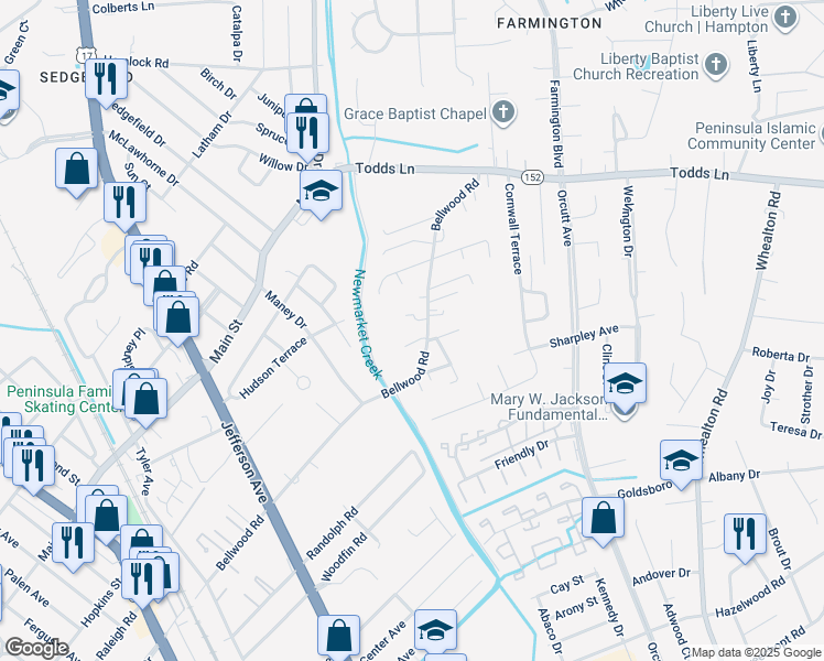 map of restaurants, bars, coffee shops, grocery stores, and more near 731 Bellwood Road in Hampton