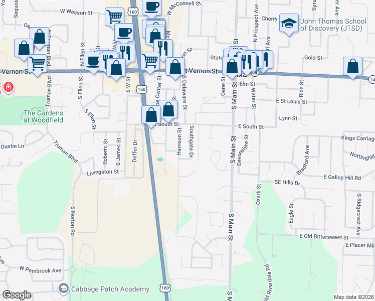 map of restaurants, bars, coffee shops, grocery stores, and more near 401-499 Southgate Drive in Nixa