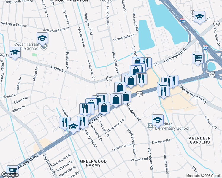 map of restaurants, bars, coffee shops, grocery stores, and more near 12 Edgewood Drive in Hampton