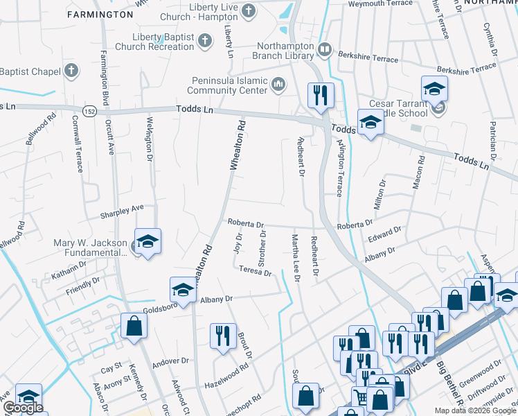 map of restaurants, bars, coffee shops, grocery stores, and more near 10 Omera Place in Hampton
