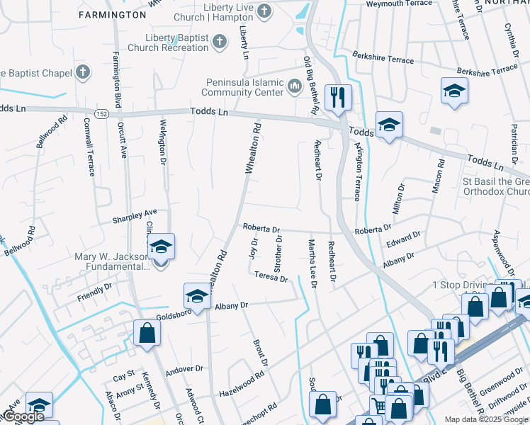 map of restaurants, bars, coffee shops, grocery stores, and more near 8 Omera Place in Hampton