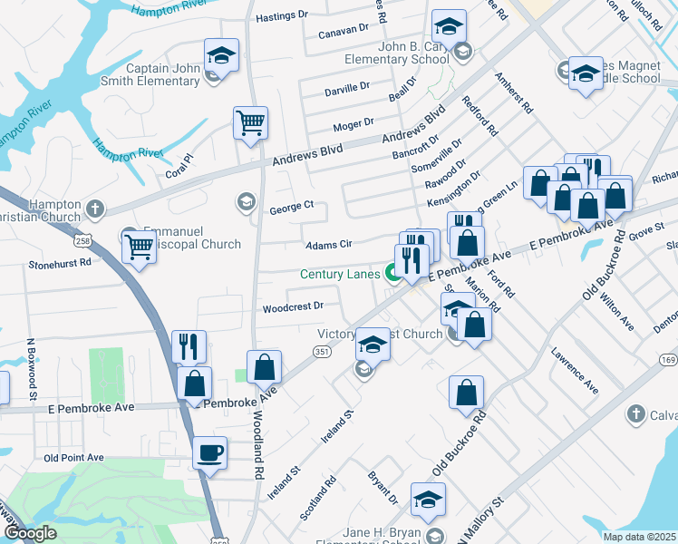 map of restaurants, bars, coffee shops, grocery stores, and more near 1506 Morgan Drive in Hampton