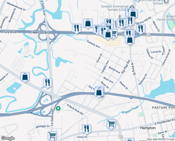 map of restaurants, bars, coffee shops, grocery stores, and more near 1311 West Avenue in Hampton