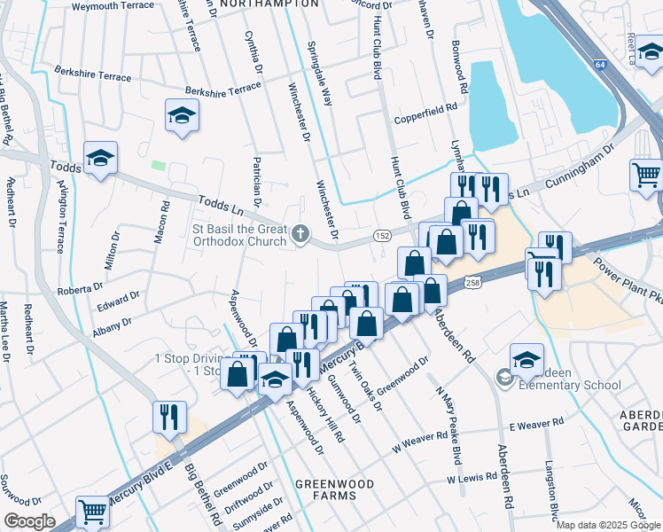 map of restaurants, bars, coffee shops, grocery stores, and more near 2777 Butternut Drive in Hampton