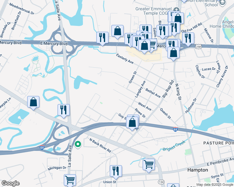 map of restaurants, bars, coffee shops, grocery stores, and more near 1311 West Avenue in Hampton