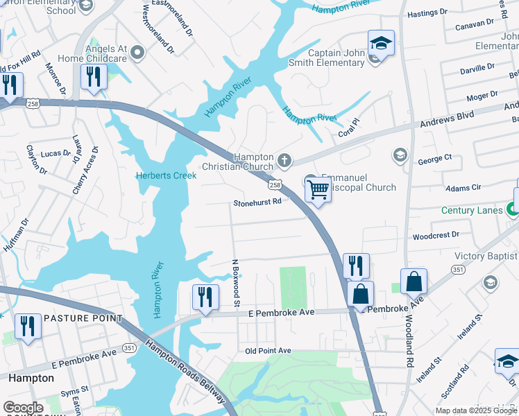 map of restaurants, bars, coffee shops, grocery stores, and more near 112 Stonehurst Road in Hampton