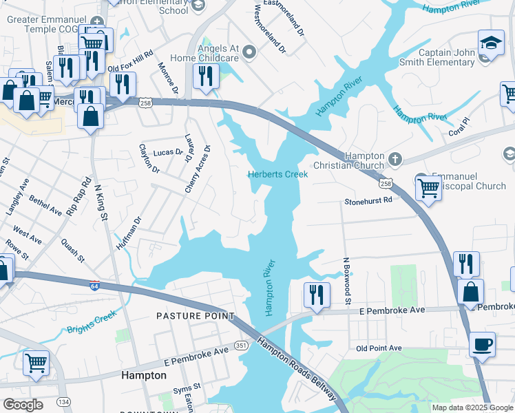 map of restaurants, bars, coffee shops, grocery stores, and more near 234 Dockside Drive in Hampton