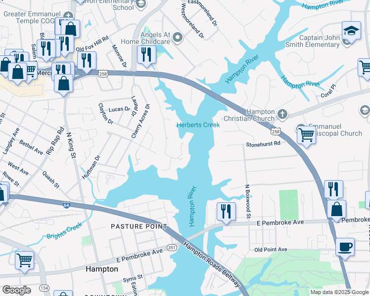 map of restaurants, bars, coffee shops, grocery stores, and more near 234 Dockside Drive in Hampton