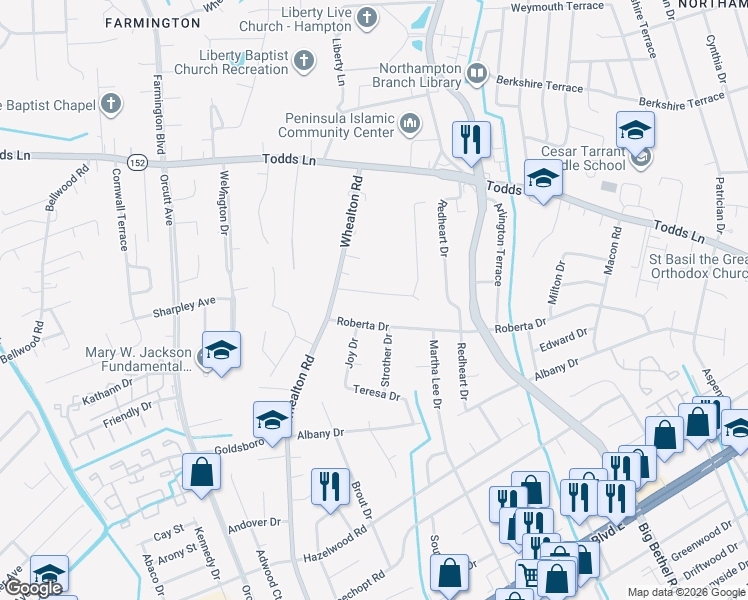map of restaurants, bars, coffee shops, grocery stores, and more near 10 Omera Place in Hampton