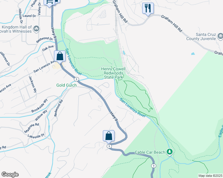 map of restaurants, bars, coffee shops, grocery stores, and more near 191 River Lane in Felton