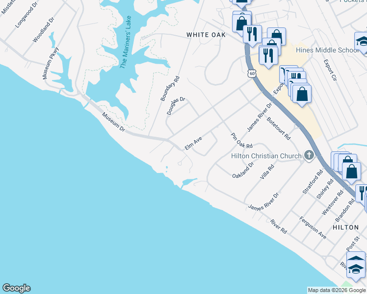 map of restaurants, bars, coffee shops, grocery stores, and more near 2 Holly Drive in Newport News
