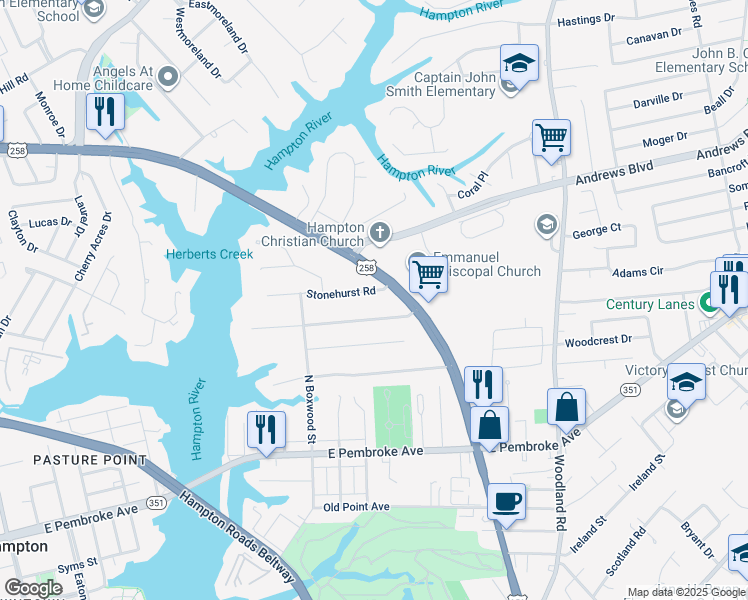 map of restaurants, bars, coffee shops, grocery stores, and more near 120 Stonehurst Road in Hampton