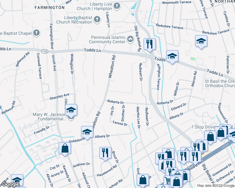 map of restaurants, bars, coffee shops, grocery stores, and more near 8 Omera Place in Hampton