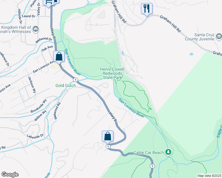 map of restaurants, bars, coffee shops, grocery stores, and more near 165 River Lane in Felton