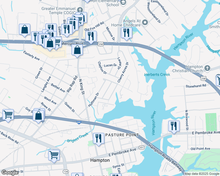 map of restaurants, bars, coffee shops, grocery stores, and more near 10 Brentwood Drive in Hampton
