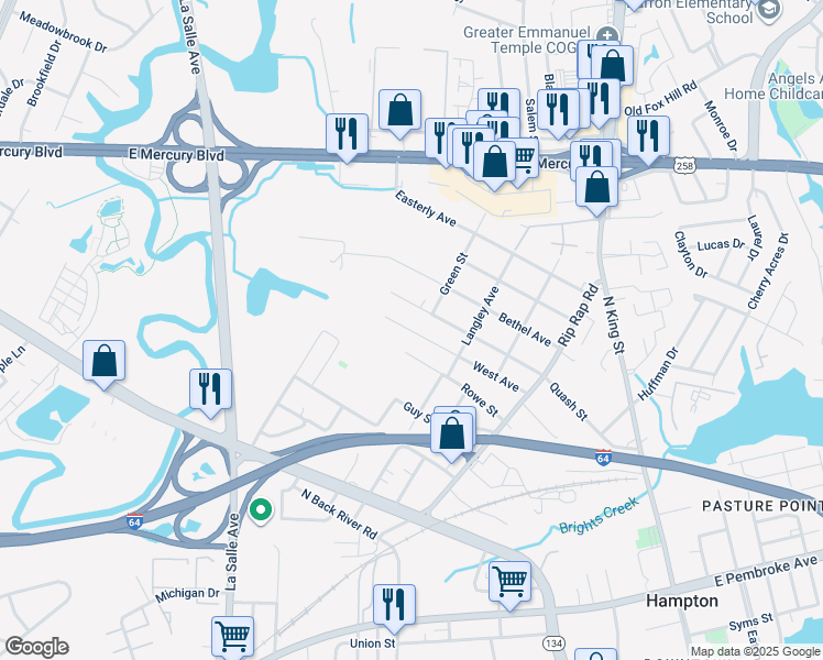 map of restaurants, bars, coffee shops, grocery stores, and more near 1304 West Avenue in Hampton