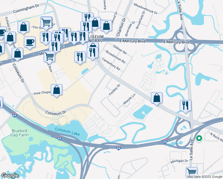 map of restaurants, bars, coffee shops, grocery stores, and more near 14 Findley Street in Hampton