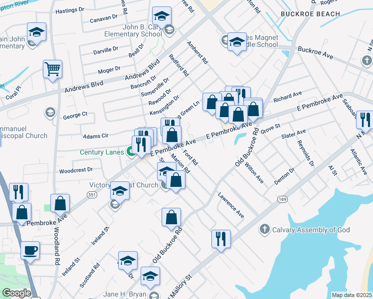 map of restaurants, bars, coffee shops, grocery stores, and more near 514 Ford Road in Hampton