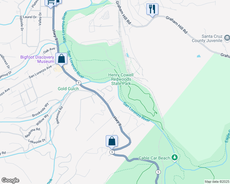 map of restaurants, bars, coffee shops, grocery stores, and more near 191 River Lane in Felton