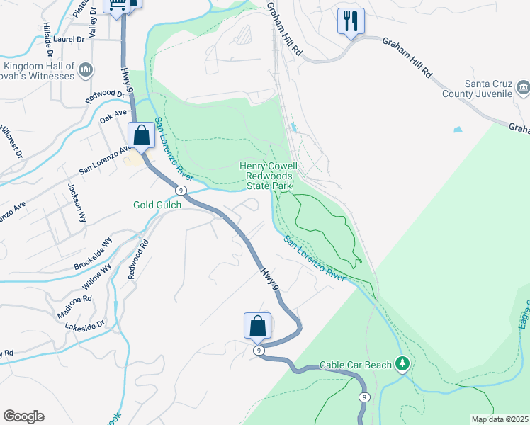 map of restaurants, bars, coffee shops, grocery stores, and more near 191 River Lane in Felton