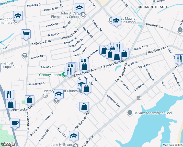 map of restaurants, bars, coffee shops, grocery stores, and more near 514 Ford Road in Hampton