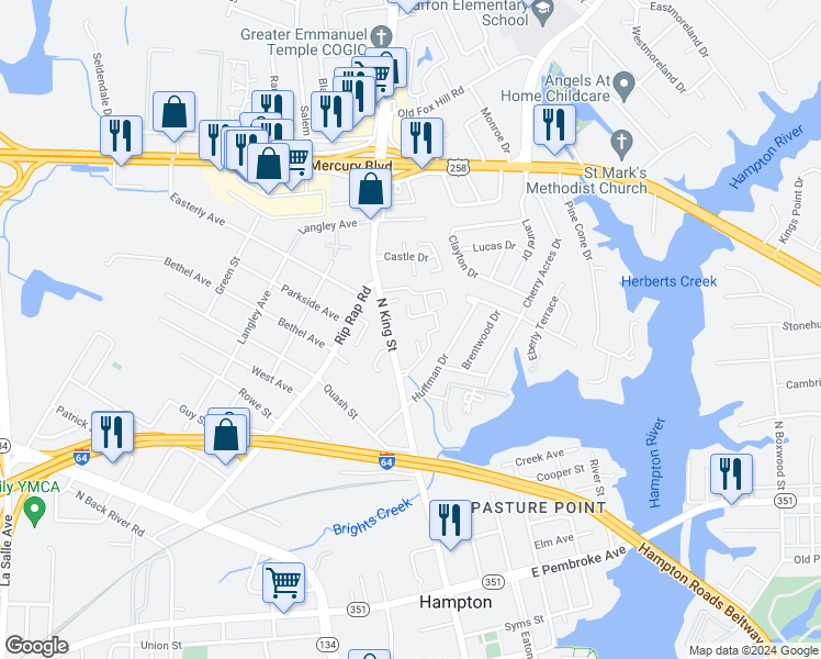 map of restaurants, bars, coffee shops, grocery stores, and more near 962 North King Street in Hampton
