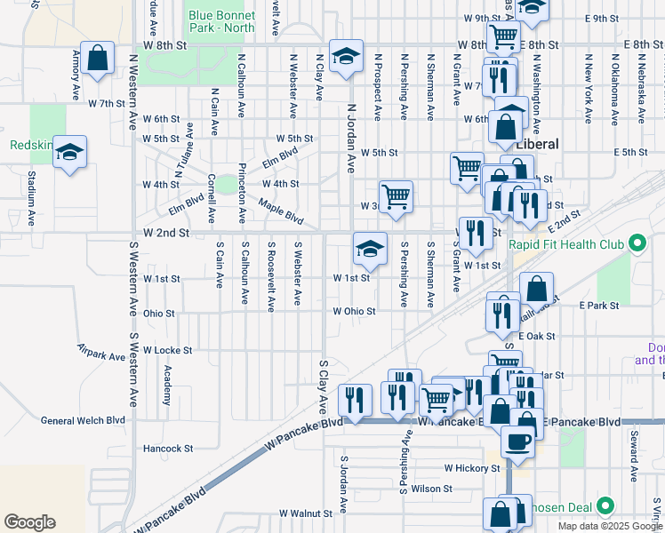 map of restaurants, bars, coffee shops, grocery stores, and more near 601-647 West 1st Street in Liberal