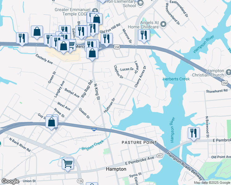 map of restaurants, bars, coffee shops, grocery stores, and more near 37 Huffman Drive in Hampton