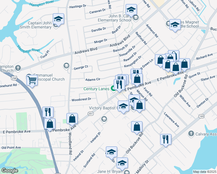 map of restaurants, bars, coffee shops, grocery stores, and more near 1524 Morgan Dr in Hampton