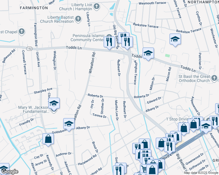map of restaurants, bars, coffee shops, grocery stores, and more near 22 Omera Place in Hampton
