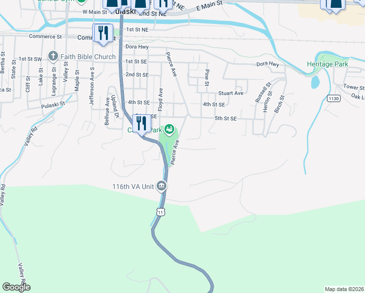 map of restaurants, bars, coffee shops, grocery stores, and more near 601 Pierce Avenue in Pulaski