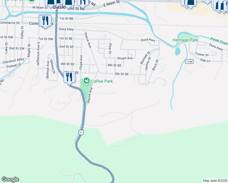 map of restaurants, bars, coffee shops, grocery stores, and more near 547 Bunts Street in Pulaski
