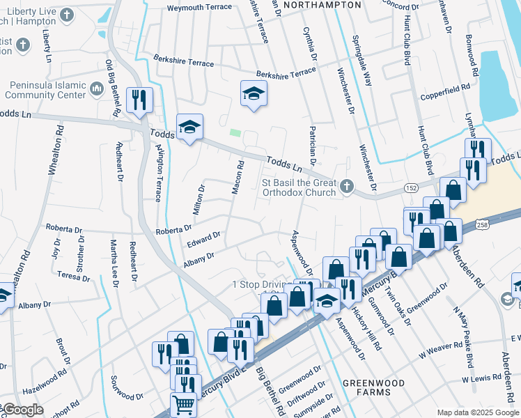 map of restaurants, bars, coffee shops, grocery stores, and more near 4 Troy Circle in Hampton
