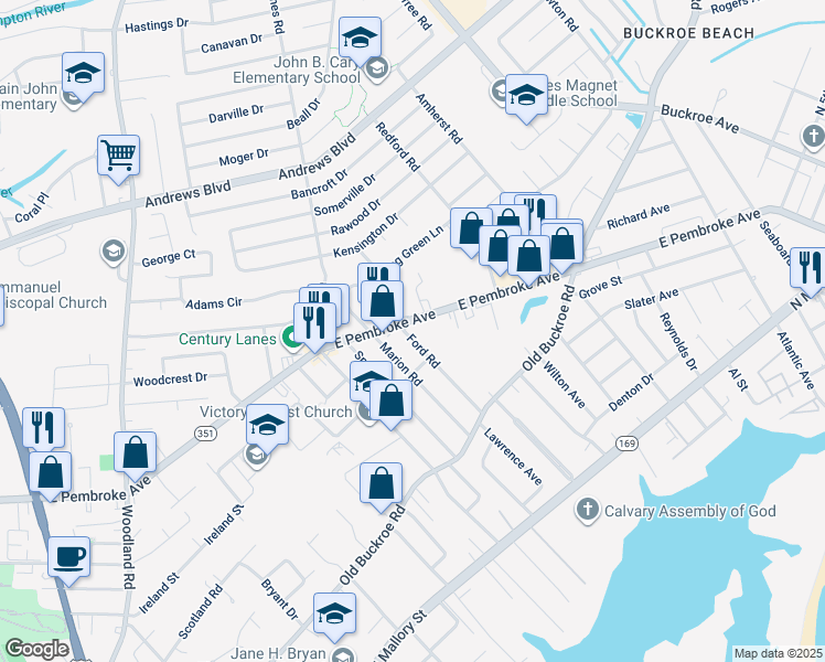 map of restaurants, bars, coffee shops, grocery stores, and more near 516 Ford Road in Hampton