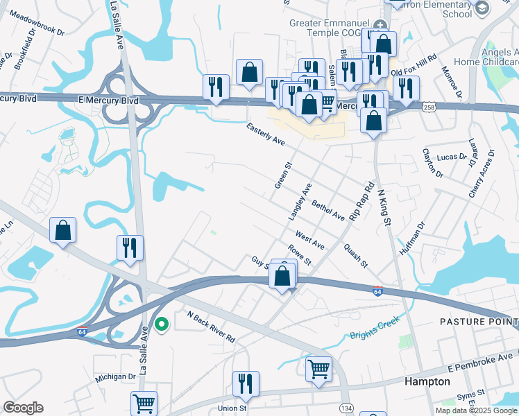 map of restaurants, bars, coffee shops, grocery stores, and more near 1304 West Avenue in Hampton