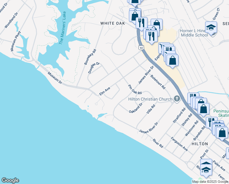map of restaurants, bars, coffee shops, grocery stores, and more near 23 Holly Drive in Newport News