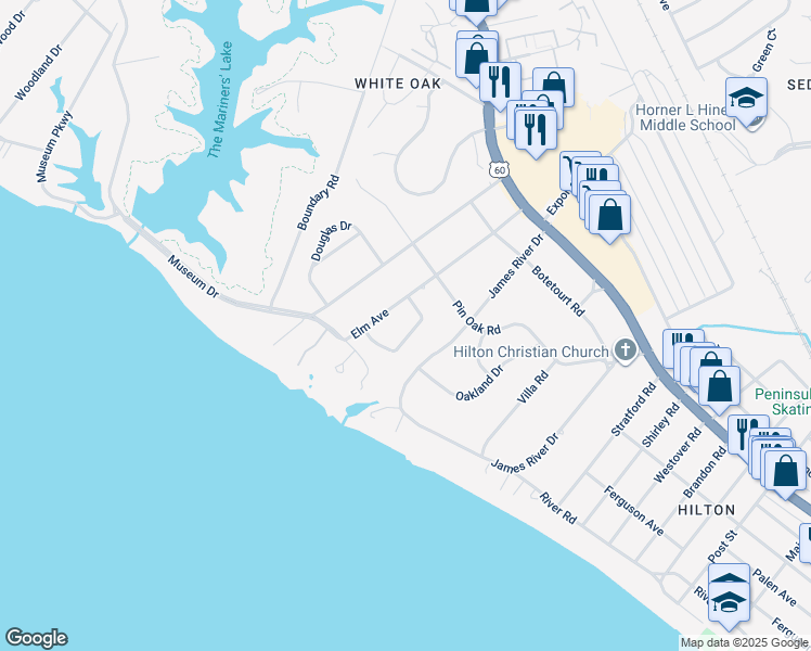 map of restaurants, bars, coffee shops, grocery stores, and more near 23 Holly Drive in Newport News