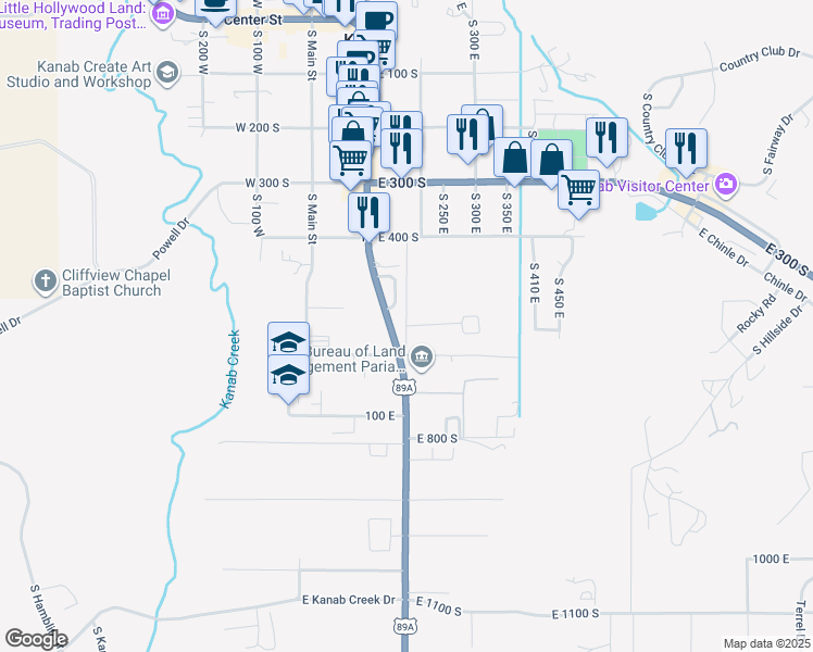 map of restaurants, bars, coffee shops, grocery stores, and more near 633 South 175 East in Kanab