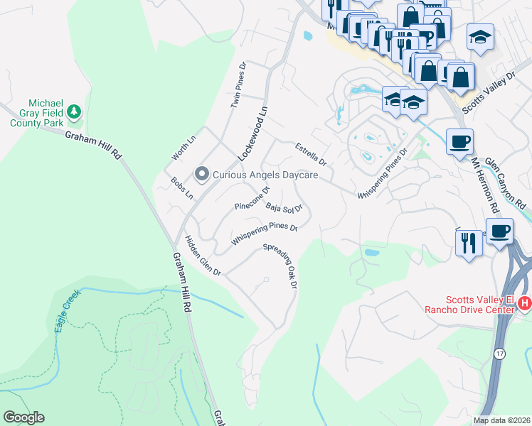 map of restaurants, bars, coffee shops, grocery stores, and more near 90 Alto Sol Court in Scotts Valley