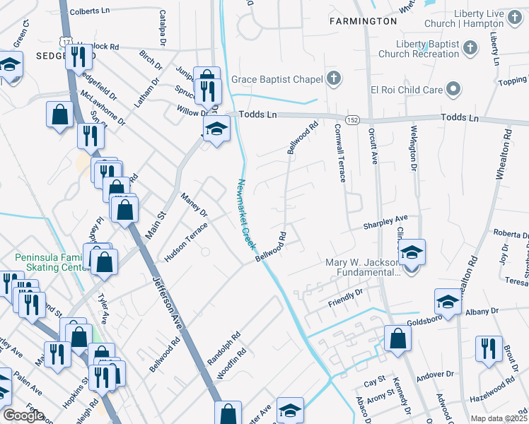 map of restaurants, bars, coffee shops, grocery stores, and more near 735 Bellwood Road in Hampton