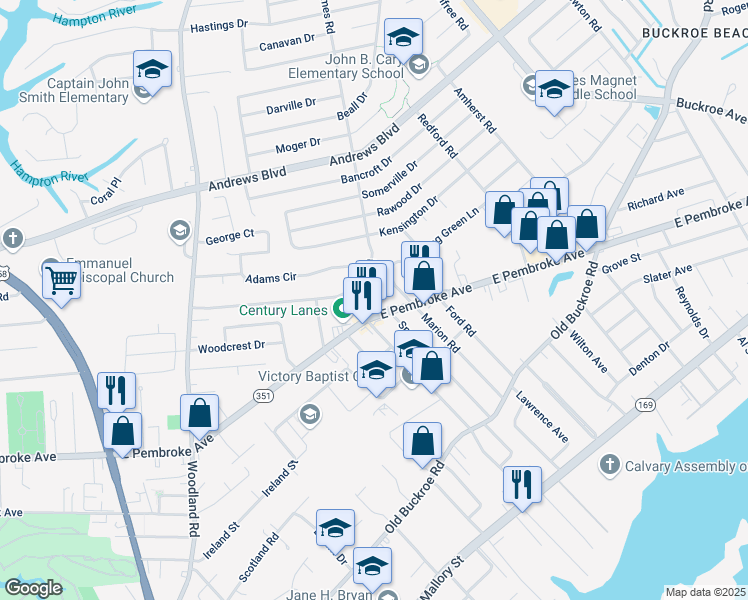 map of restaurants, bars, coffee shops, grocery stores, and more near 622 Grimes Road in Hampton